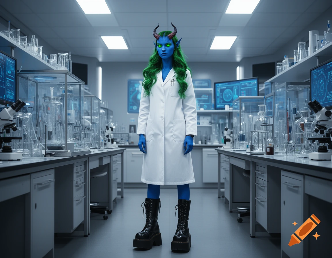 A blue-skinned tiefling scientist with green hair and glowing green eyes wears a white lab coat and oversized goth boots in a futuristic laboratory.
