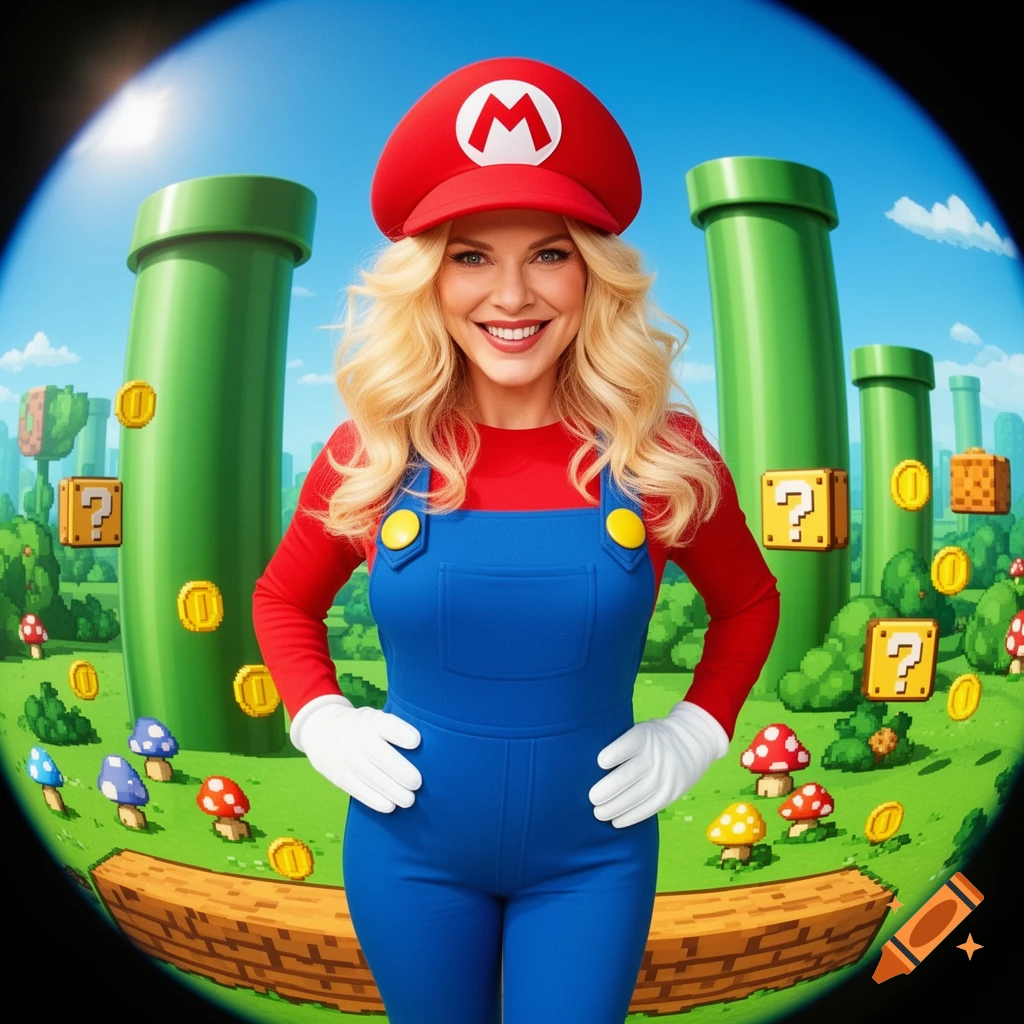 A smiling blonde woman in a Mario costume, with a red cap, blue overalls, and white gloves, stands in a Super Mario landscape with green pipes and question mark blocks.
