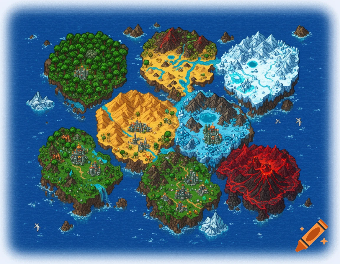 A top-down pixel art fantasy world map featuring multiple distinct biome islands like forest, desert, ice, and volcanic.
