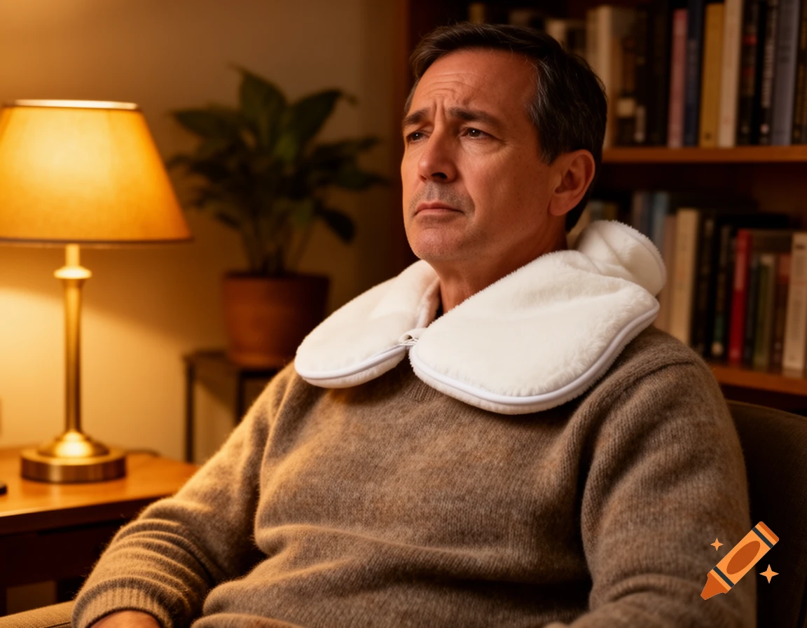 A middle-aged man wears a white furry heating pad, looking contemplative in a softly lit room with a lamp and bookshelf.