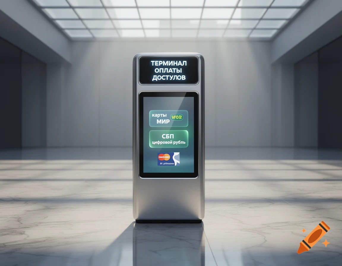 A modern payment terminal stands on a polished marble floor in a bright, minimalist hall, displaying payment options on its screen.