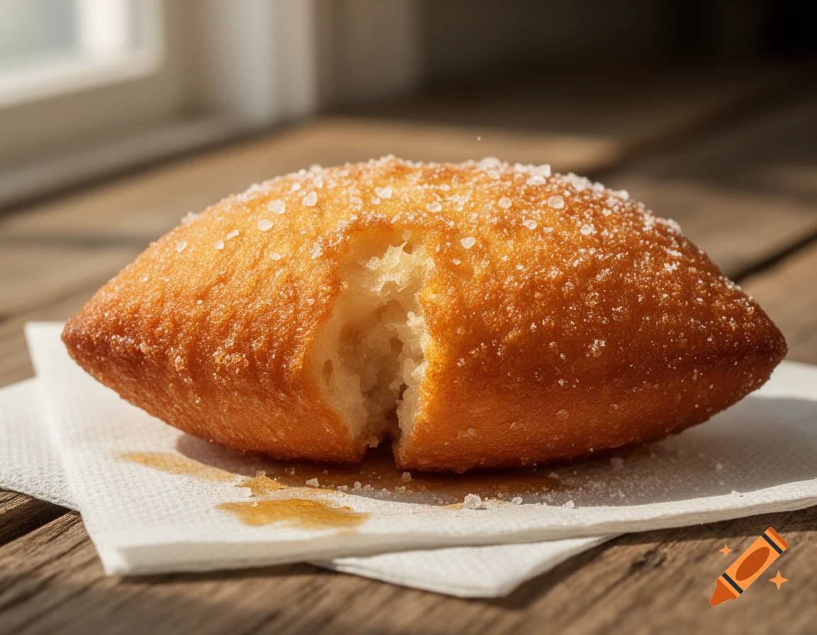 A close-up of a golden-brown deep-fried dough, torn open and sprinkled with sugar, resting on a white napkin on a wooden table.