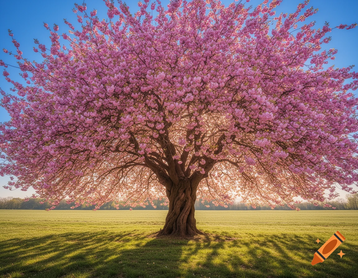 Photorealistic cherry blossom tree with vibrant pink flowers in a grassy field under a clear blue sky.