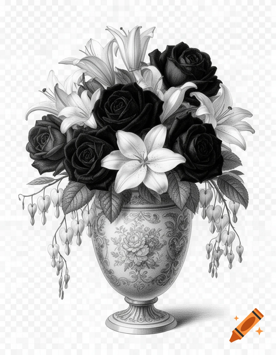 Pencil drawing of a vase filled with black roses, white lilies, and bleeding hearts, in a romantic art style.