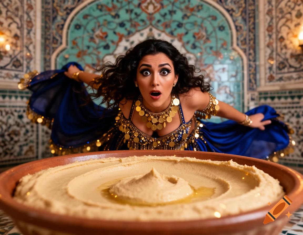 A surprised Middle Eastern belly dancer in a blue and gold costume looks over a large bowl of hummus.