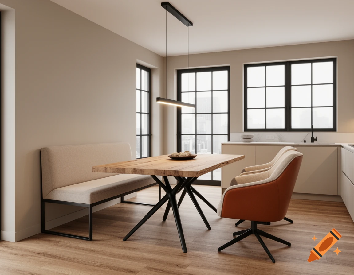 Photorealistic modern open-plan kitchen and dining area with a wild oak table, beige bench, cognac chairs, and large windows.