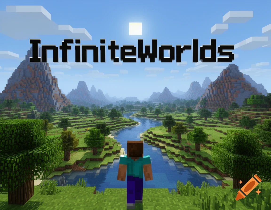 A Minecraft character stands on a grassy hill overlooking a vast blocky landscape with mountains and a river, with the text 'InfiniteWorlds' above.