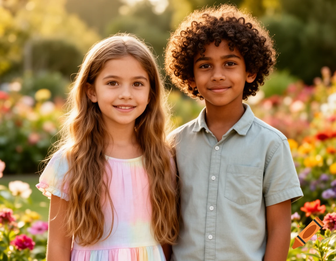A young girl with long wavy brown hair and a boy with curly dark hair smile, standing in a sunny garden filled with colorful flowers.