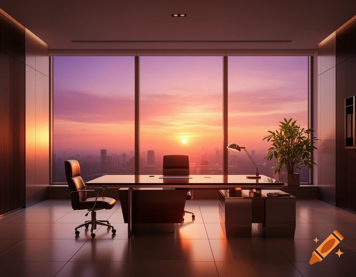 A modern executive office with a large window overlooking a city skyline during a colorful sunrise, featuring a sleek desk and two chairs.