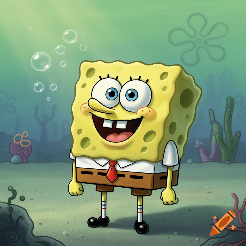 SpongeBob SquarePants stands smiling happily underwater among coral and bubbles.