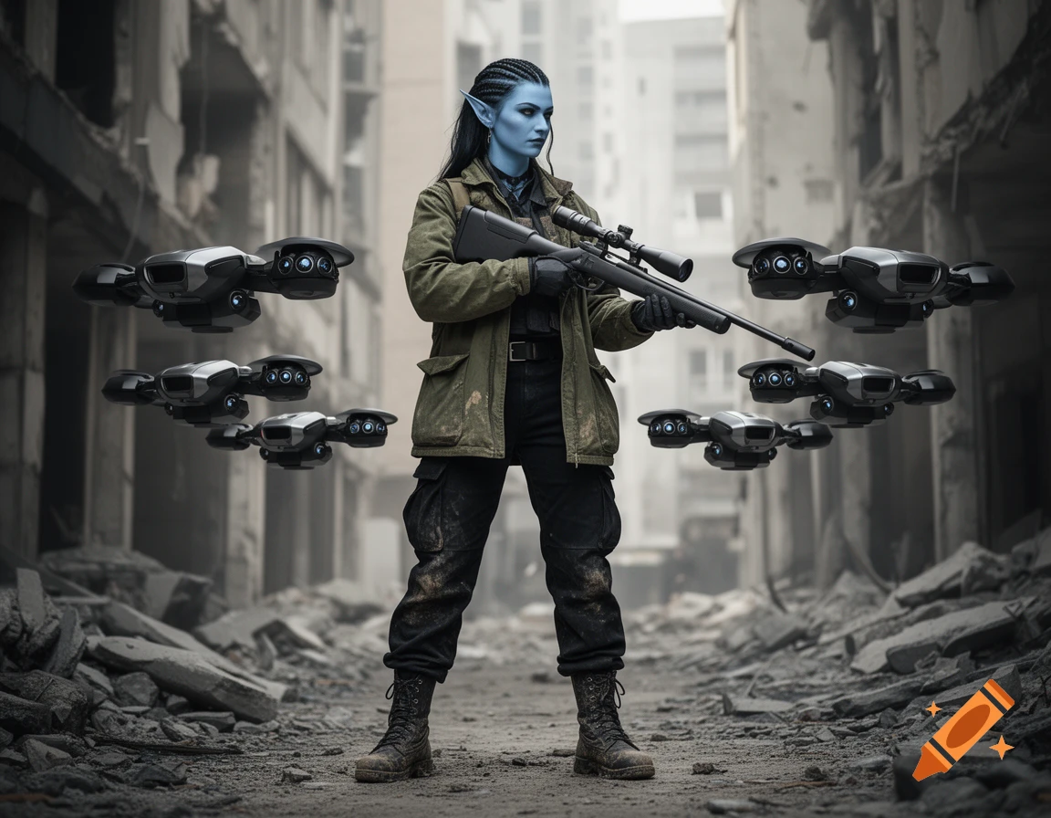 A blue-skinned female elf in military gear stands with a sniper rifle, flanked by combat drones in a ruined city.