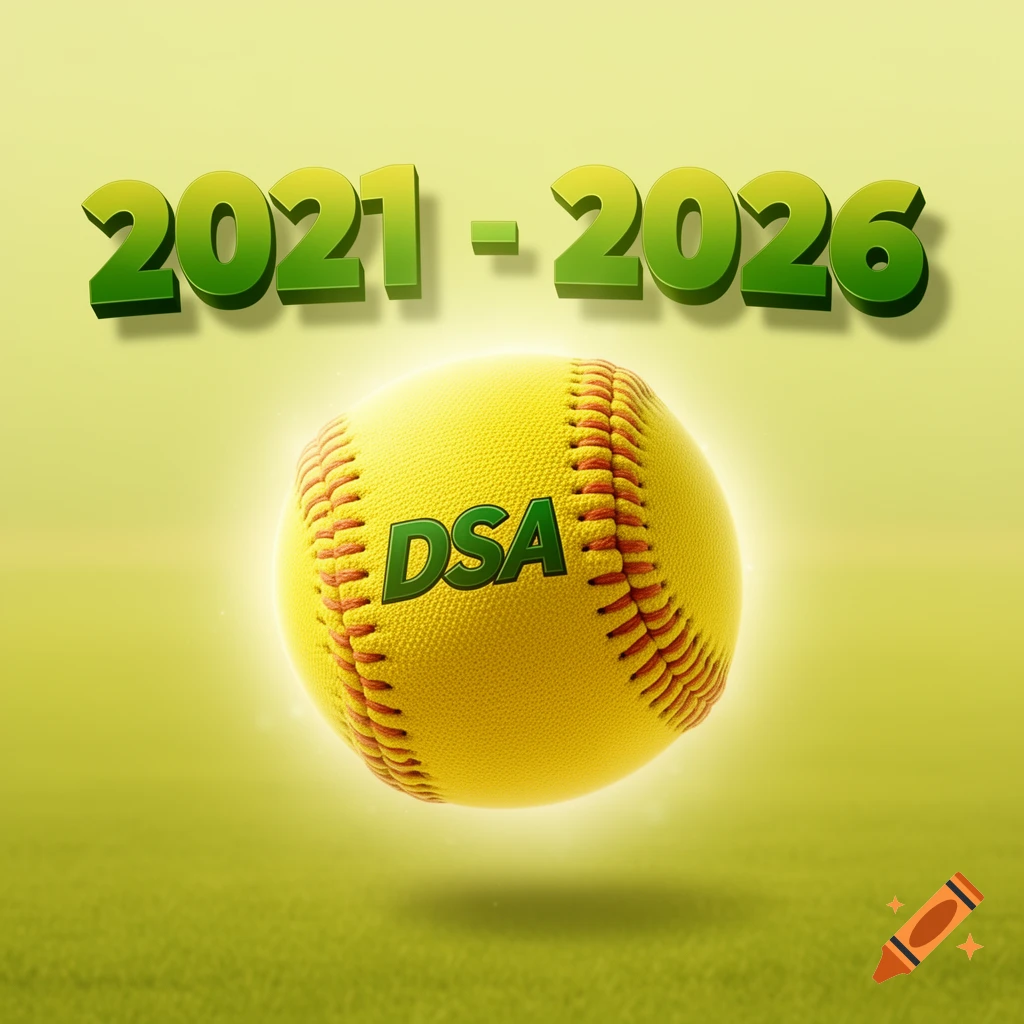 A yellow softball with 'DSA' on it, floating above green grass. Green text '2021 - 2026' is above the ball.