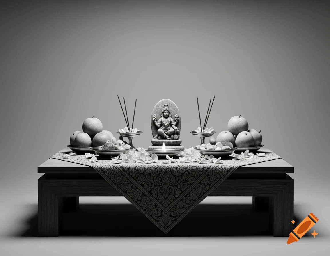 A black and white image of a Hindu puja altar with a deity statue, offerings of fruit, incense sticks, and flower petals.