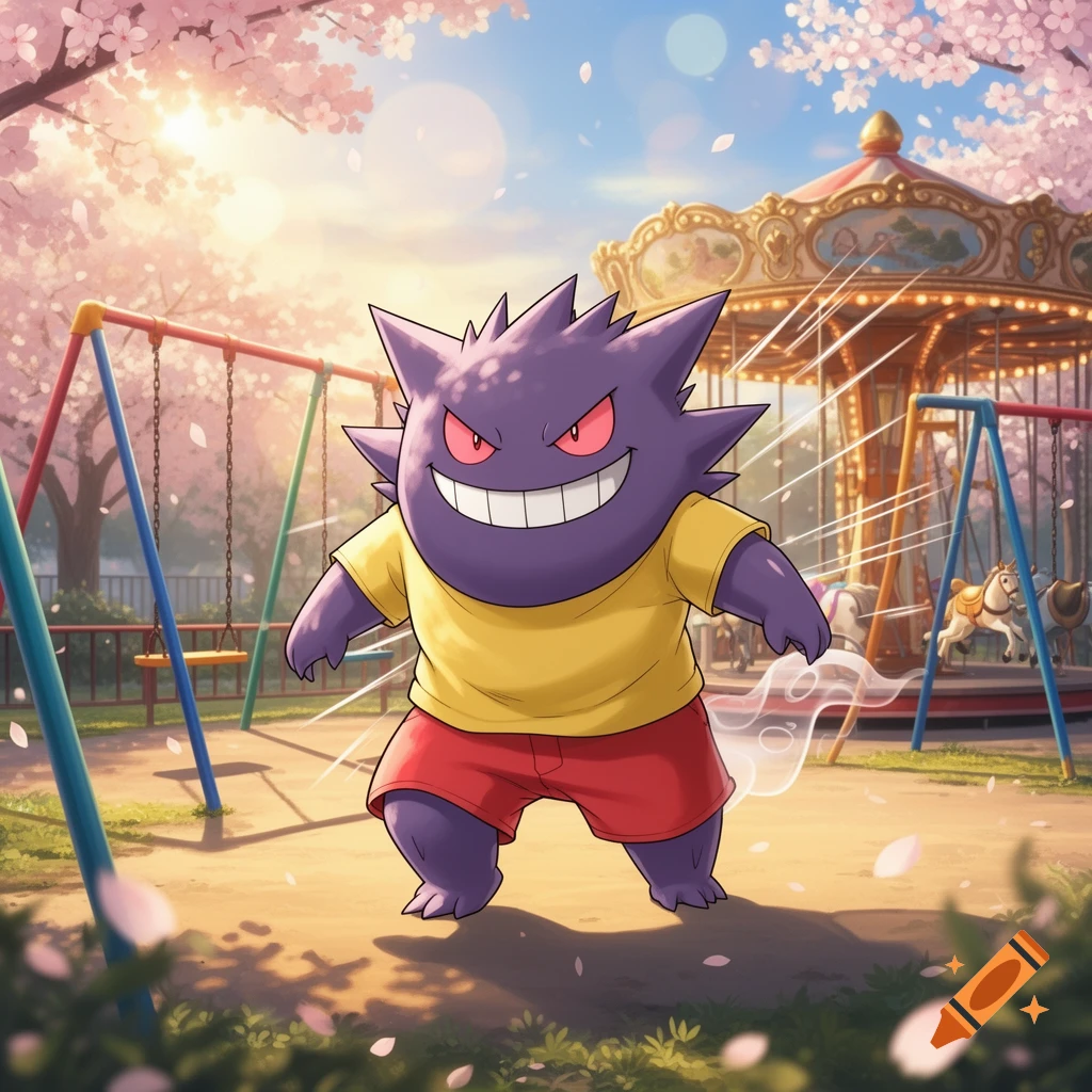 A mischievous Gengar wearing a yellow t-shirt and red shorts smiles in a sunny playground with cherry blossoms and a carousel.