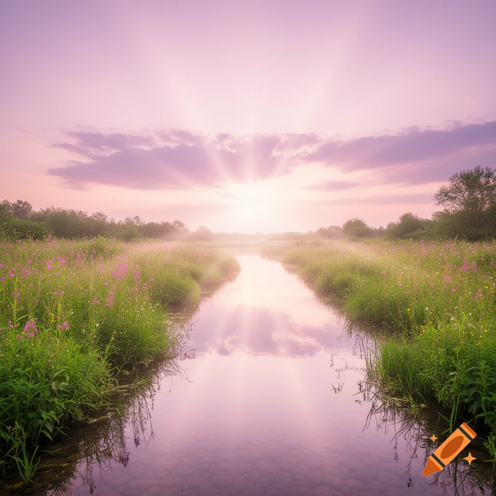 A peaceful river flows through a misty field of green grass and wildflowers at sunrise, with soft pink and purple clouds reflecting on the water.