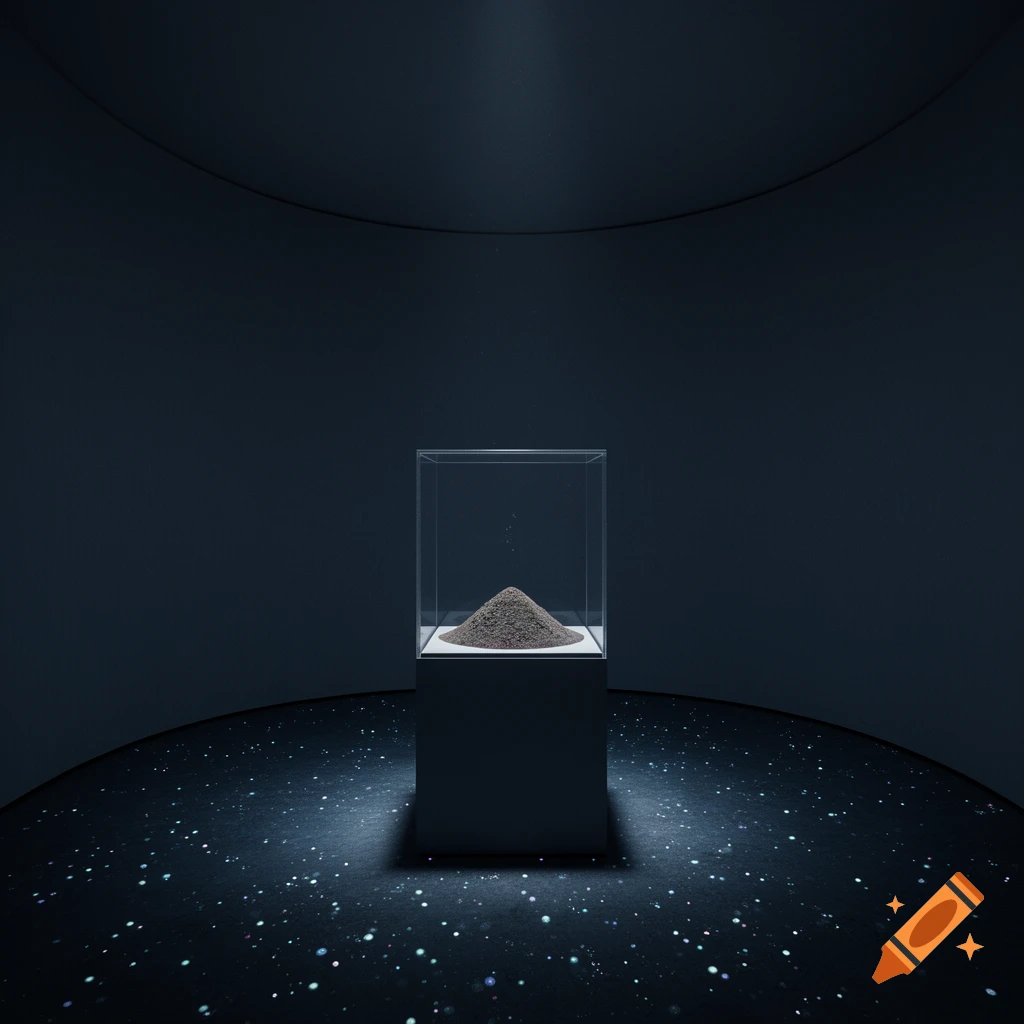 Dark, minimalist exhibition room with a glass vitrine displaying deep sea sediment, glowing dots on the floor.