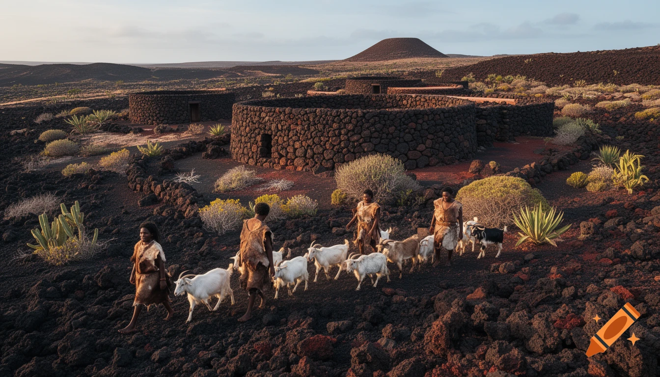 People in animal skin clothes herd white goats through a volcanic landscape with round stone buildings and sparse plants under a clear sky.