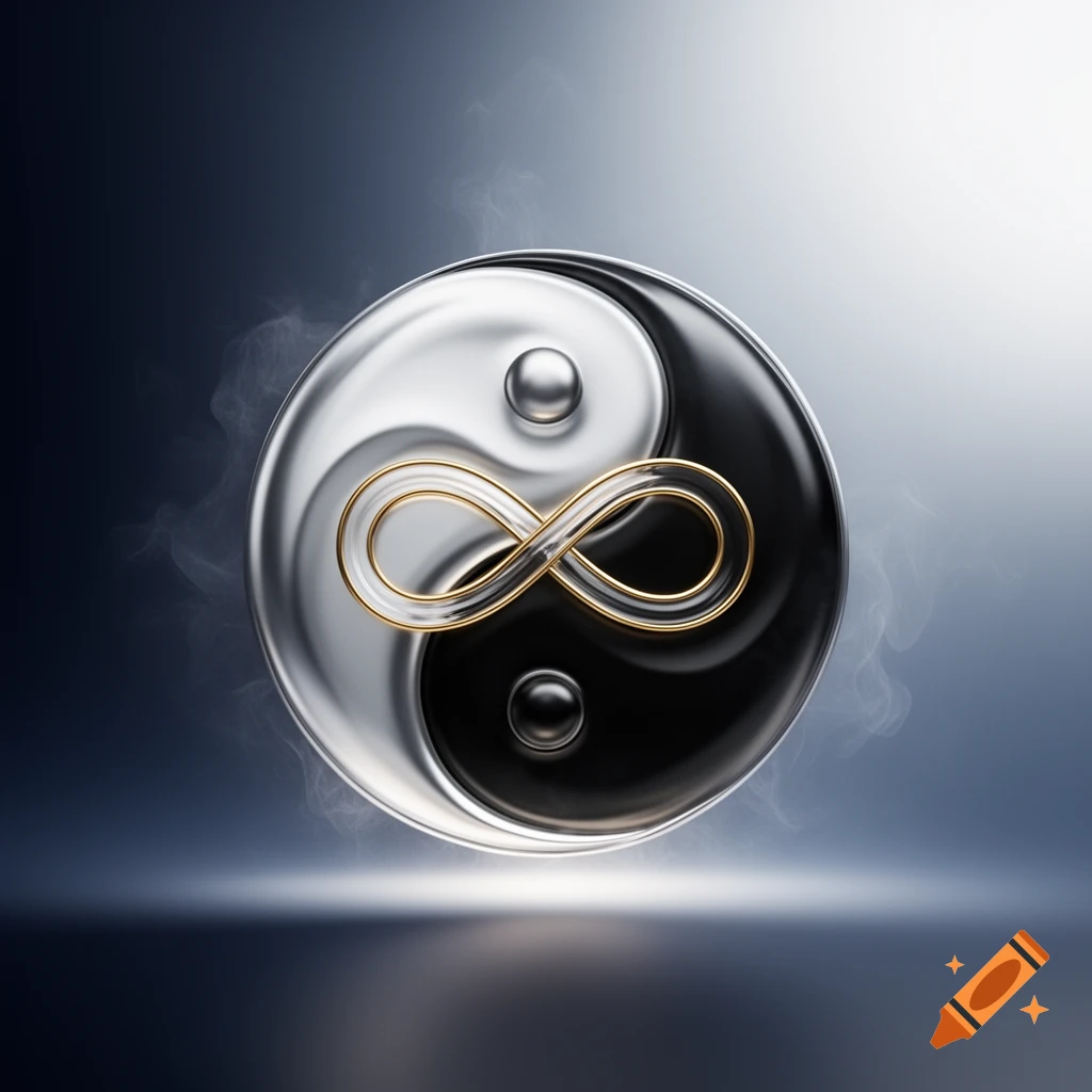 A metallic and glossy Yin and Yang symbol with a golden infinity sign intertwined in its center, against a smoky, reflective dark background.