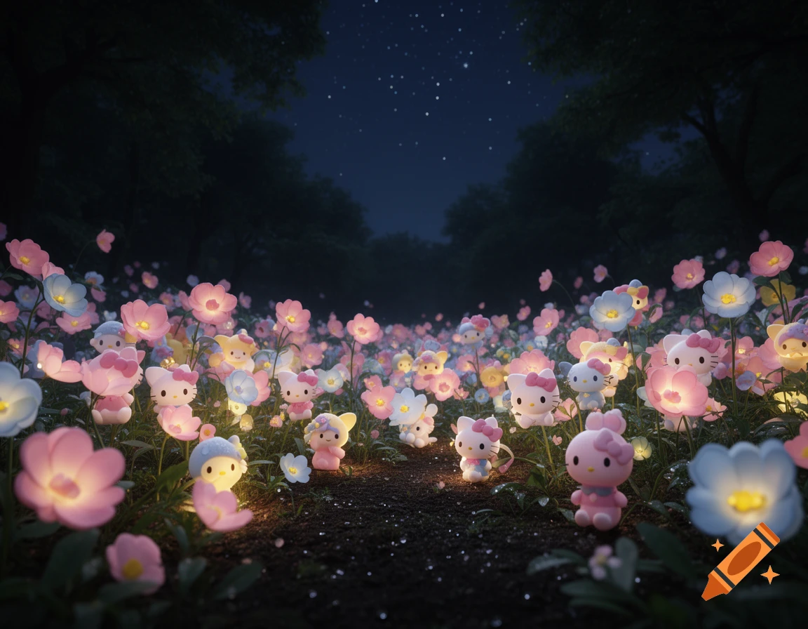 Sanrio characters, including Hello Kitty, glow among luminous pink and blue flowers in a magical field at night under a starry sky.