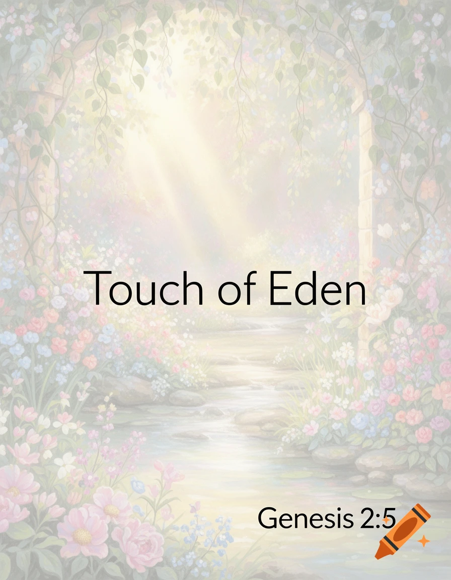 Ethereal pastel garden with a stream and archway, featuring 'Touch of Eden' and 'Genesis 2:5' text.