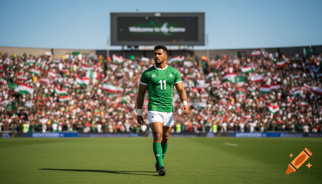 A Pakistani rugby player in a green jersey with '11' walks across a sunny pitch in a packed stadium with a scoreboard reading "Welcome to the Game".