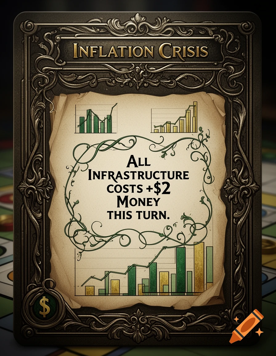 An ornate board game card titled 'Inflation Crisis' with text 'All infrastructure costs +$2 Money this turn,' and bar charts.