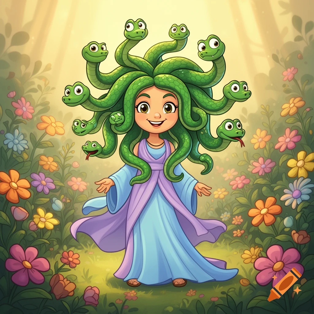 A friendly, smiling cartoon Medusa with green snake hair, wearing blue and purple robes, stands in a field of colorful flowers.