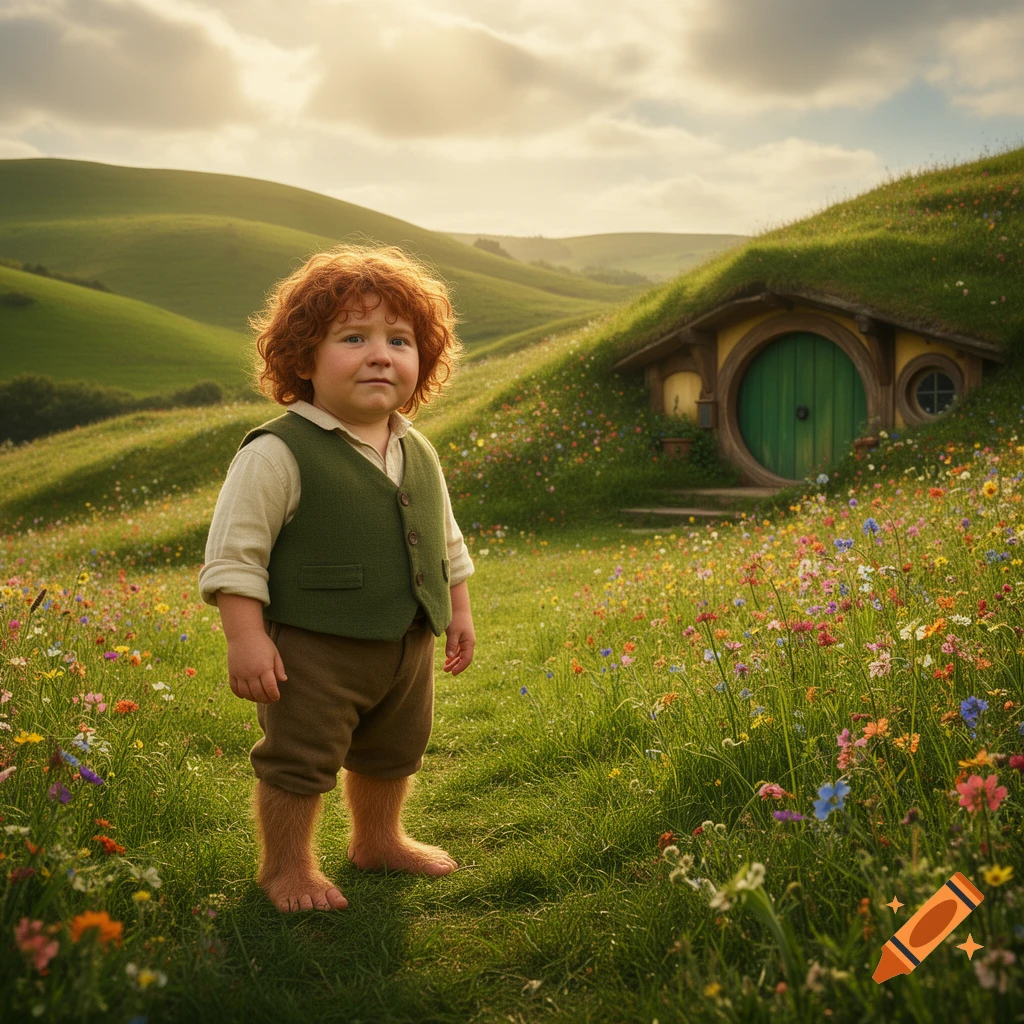A red-haired child dressed as a hobbit with furry feet stands in a field of wildflowers, with a hobbit hole in the background.