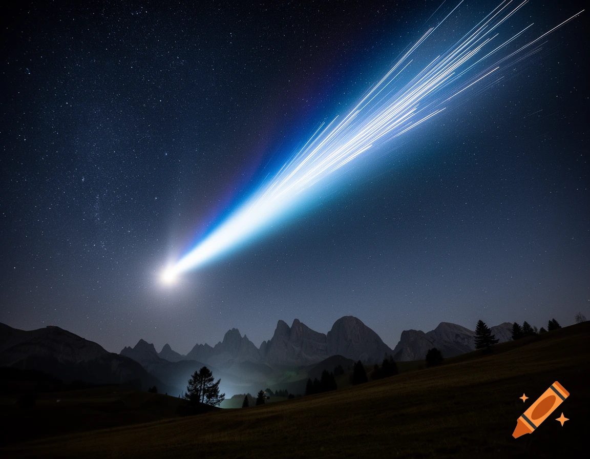 A brilliant comet with a long, luminous tail streaks across a vast starry night sky over dark, jagged mountains and a grassy hillside.