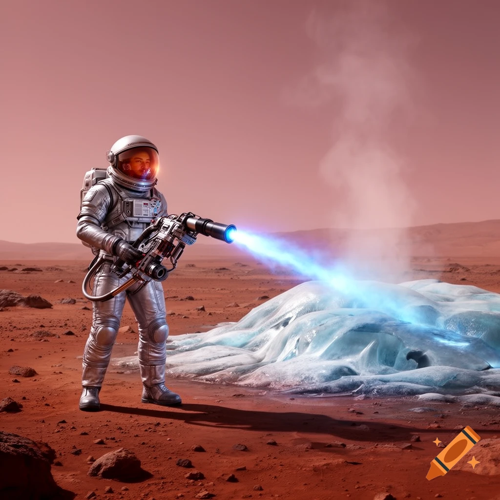 An astronaut in a silver suit on Mars uses a futuristic device to melt a mound of ice, creating steam against the red Martian landscape.