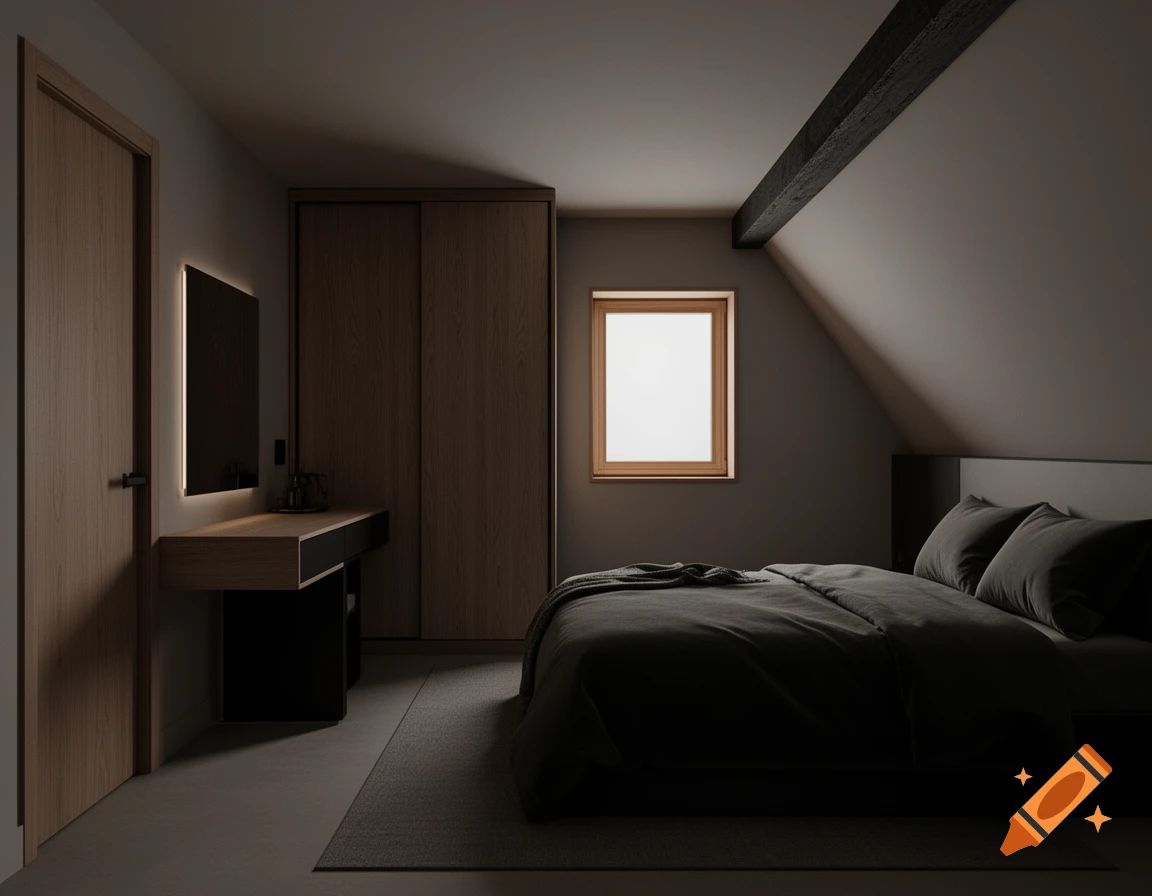 A dark, japandi-style bedroom with a bed, wooden wardrobe, desk, and a window under a mansard roof.