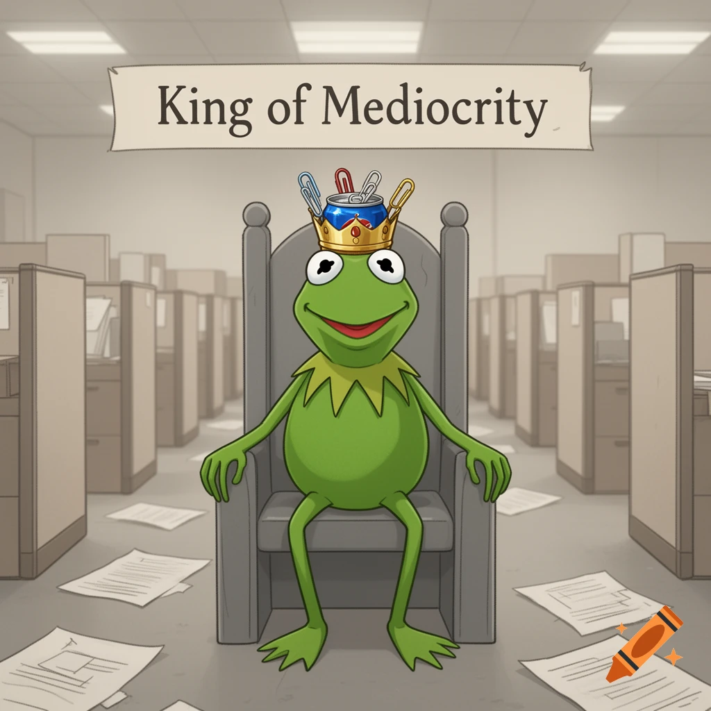 Kermit the Frog sits on a gray throne, wearing a paperclip crown, in a drab office, under a banner reading 'King of Mediocrity'.