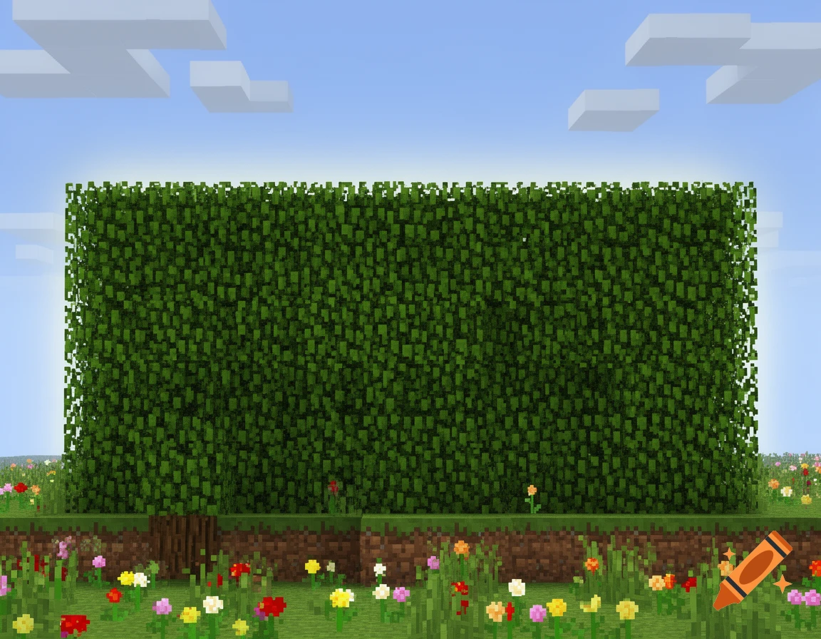 A tall, rectangular green hedge in a blocky Minecraft-style landscape under a clear blue sky with white clouds, with a field of colorful pixelated flowers and dirt below.