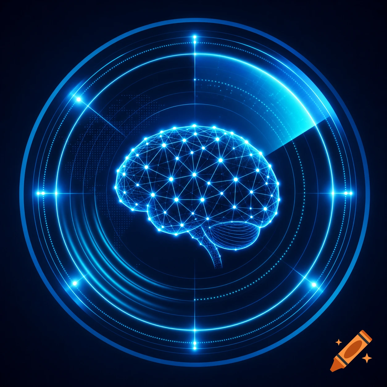 Glowing blue neural network brain in a circular radar interface with electric blue pulse waves on a dark background, minimalist tech aesthetic.