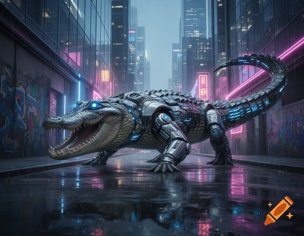 A robotic alligator with glowing blue eyes and neon blue accents stands on a wet street in a cyberpunk city at night.