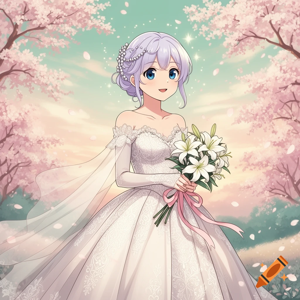 Anime girl in a white wedding dress with pearls in her hair, holding a lily bouquet, smiling in a cherry blossom field.