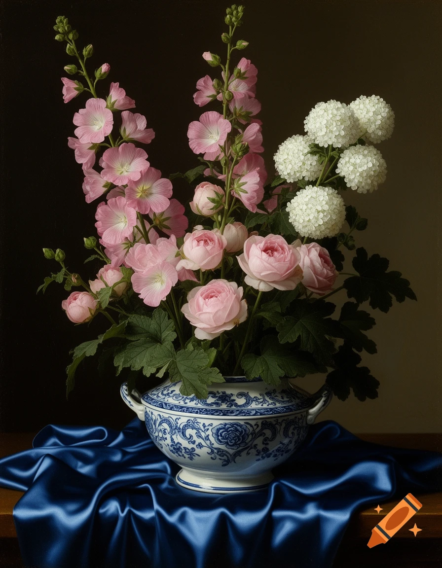 A classical still life painting features pink hollyhocks, pink roses, and white snowball flowers arranged in a blue and white patterned porcelain vase, resting on a draped blue satin cloth on a wooden table.