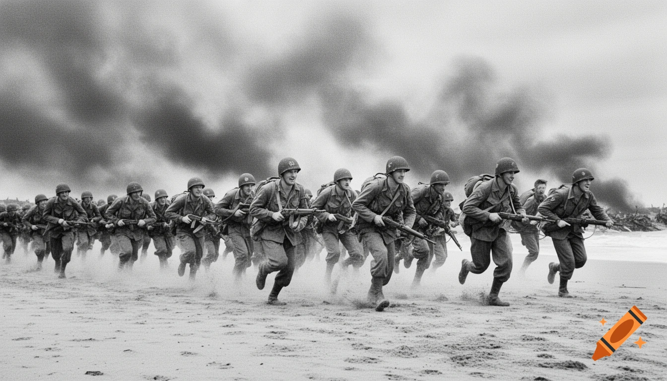 Black and white photorealistic image of soldiers running through smoke on a beach during the D-Day Normandy assault.