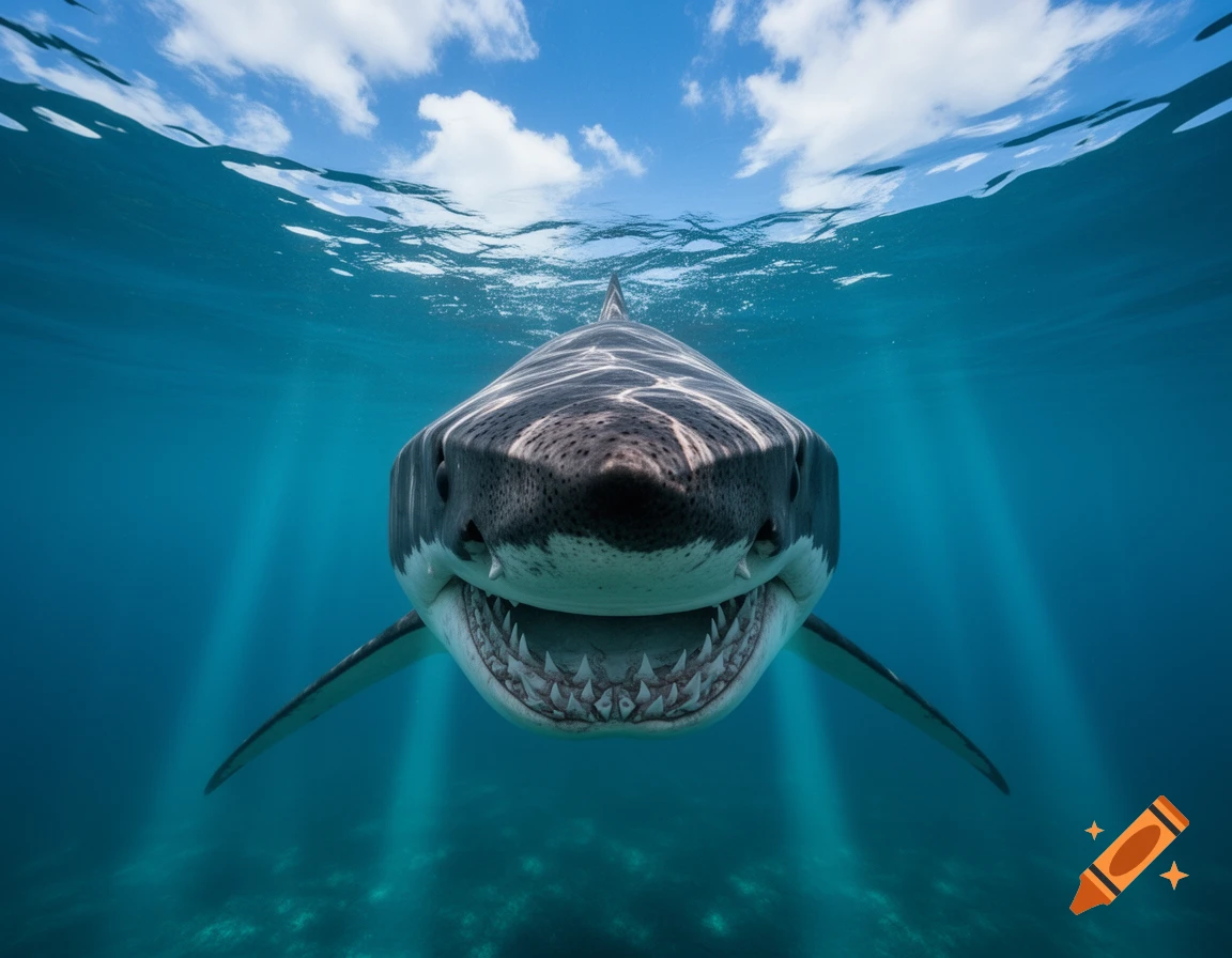 A great white shark with its mouth open swims directly towards the viewer in clear blue ocean water with sunlight streaming from above.