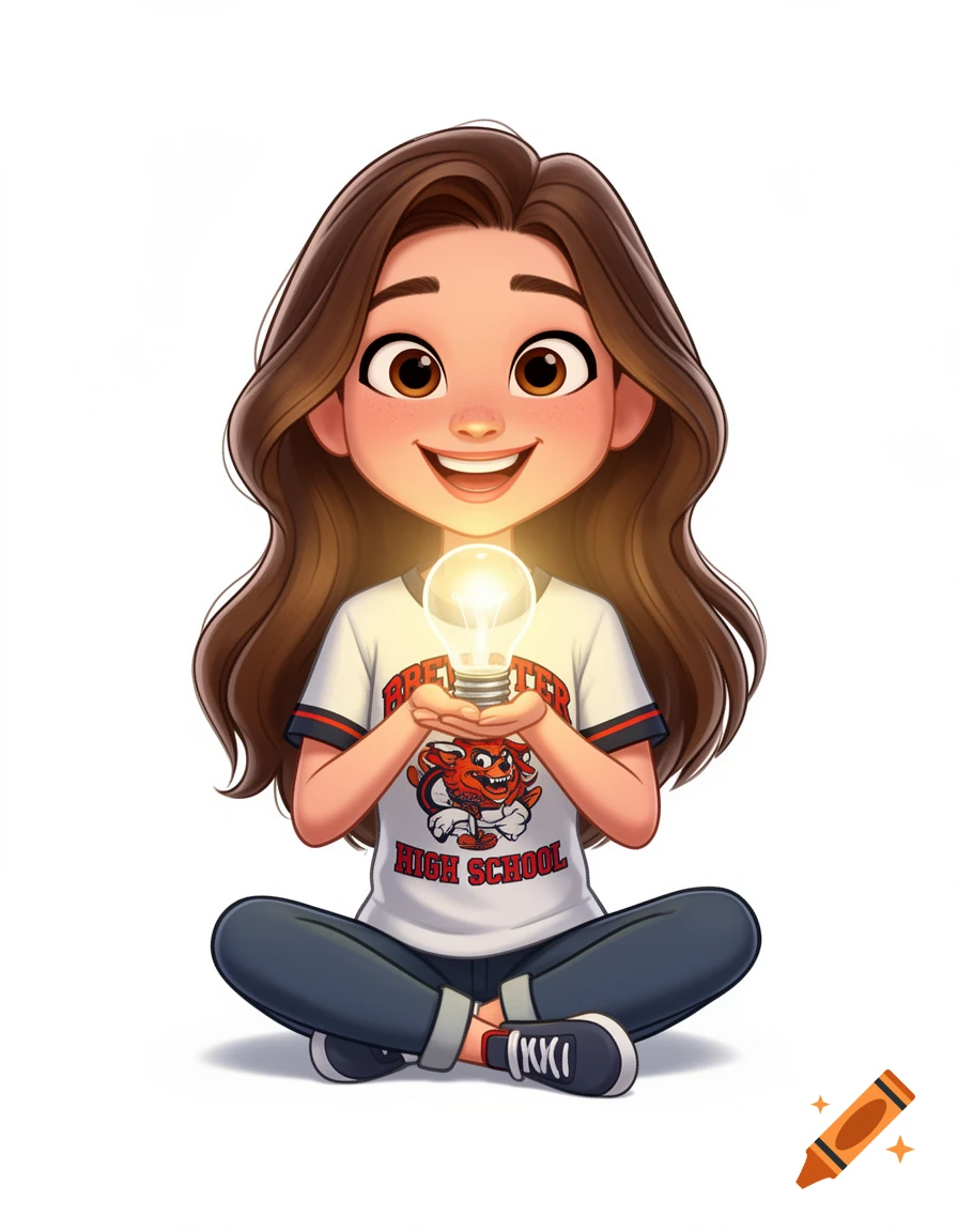 A smiling, long-haired brunette cartoon girl sits cross-legged, holding a glowing lightbulb, wearing a Brewster High School t-shirt.