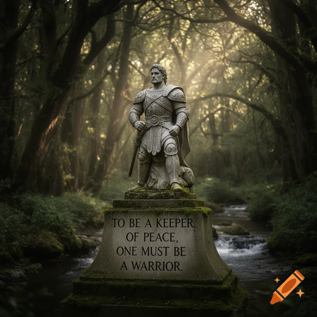 A stone statue of a warrior in ornate armor stands on a moss-covered pedestal in a sun-dappled, misty forest with a stream.