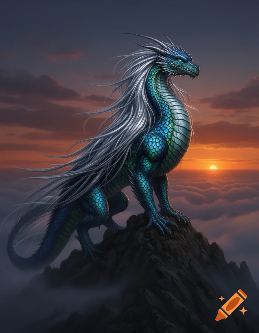 A majestic teal and green dragon with long white hair sits atop a rocky peak, illuminated by a sunset over clouds.