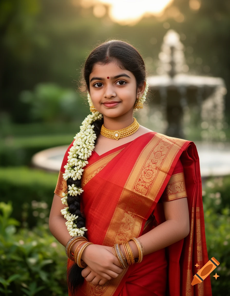 Young Indian girl in a red and gold saree, wearing jasmine flowers in her braid and gold jewelry, smiling in a garden.