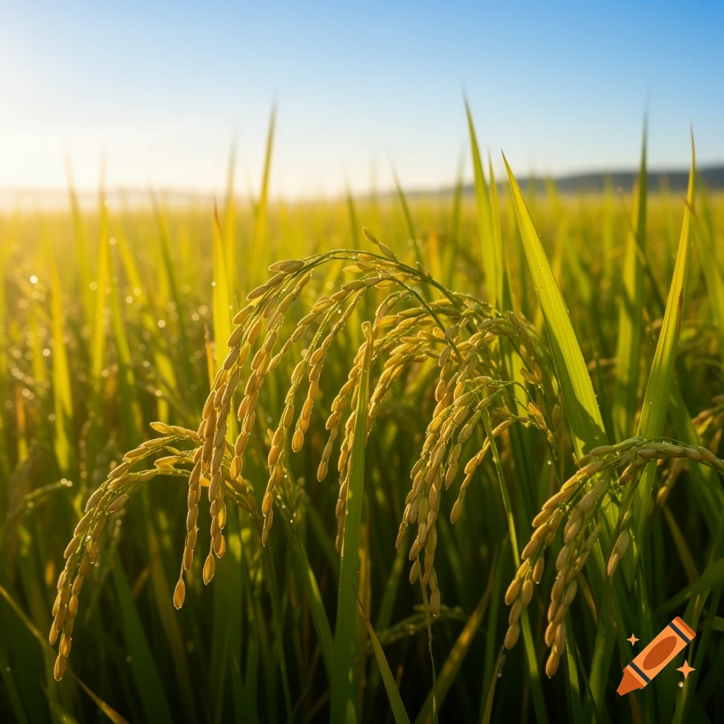 Close-up of golden rice ears with dew drops in a sunlit green field under a clear blue sky, photorealistic.