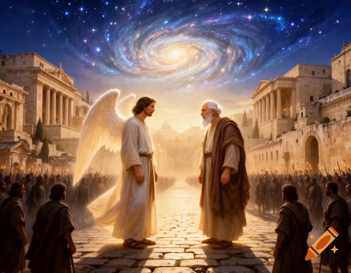 An angel with white wings faces an old bearded man in an ancient city, beneath a dramatic starry sky featuring a spiral galaxy.