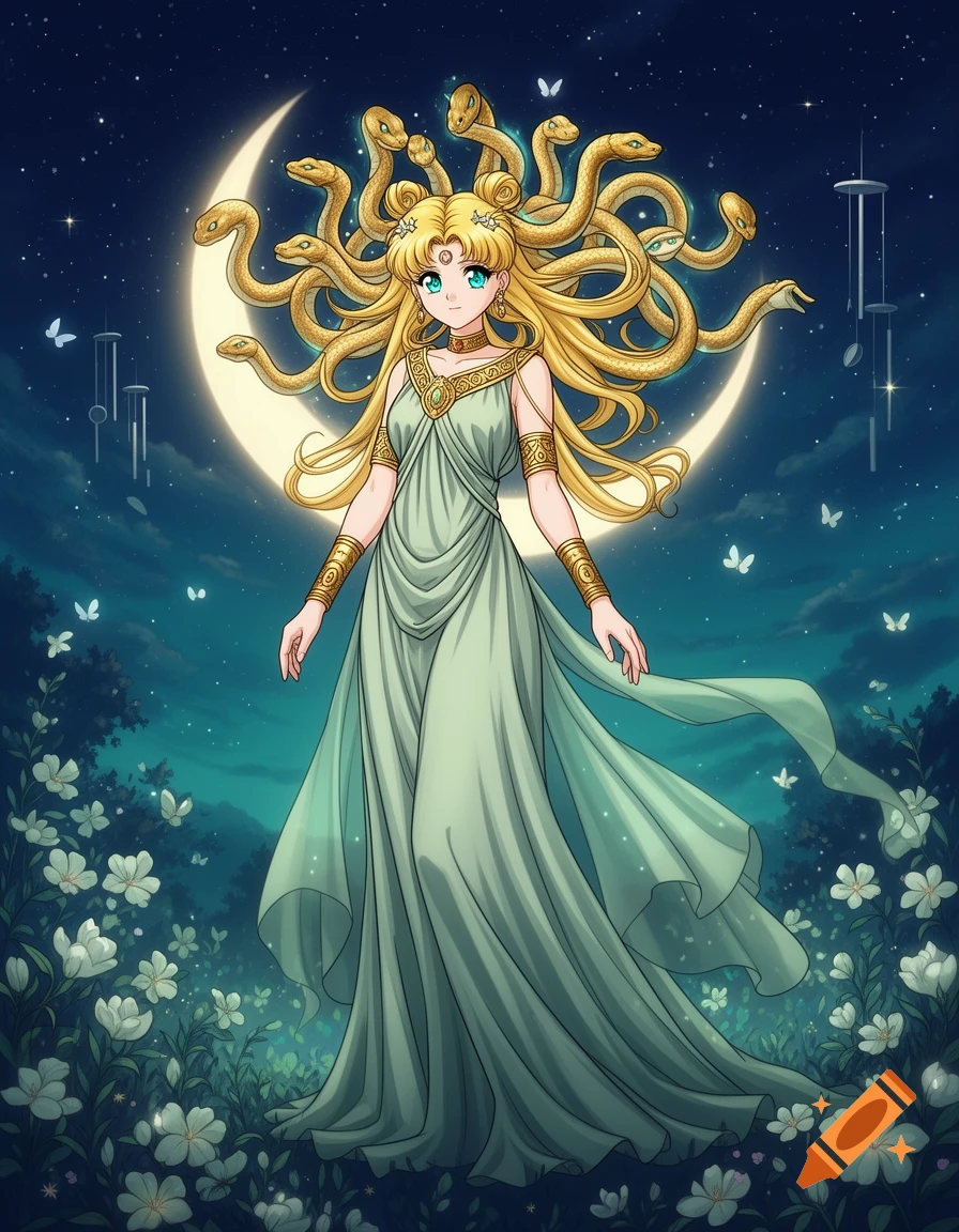 Anime character Usagi Tsukino as Medusa in a flowing green gown, with golden snakes for hair, against a crescent moon and starry sky in a mystical flower garden.