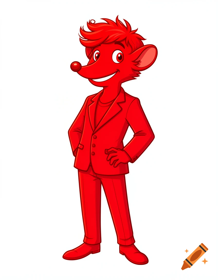 A red cartoon mouse-like character with red hair, red eyes, and red clothes, standing on a white background.