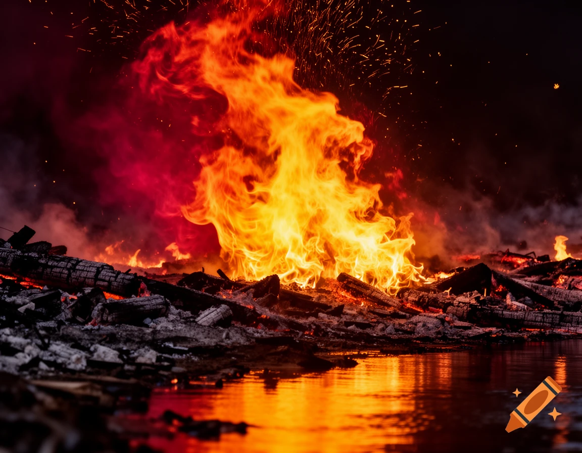 Intense orange and red fire blazes with sparks flying over burning debris and reflecting in dark water at night.