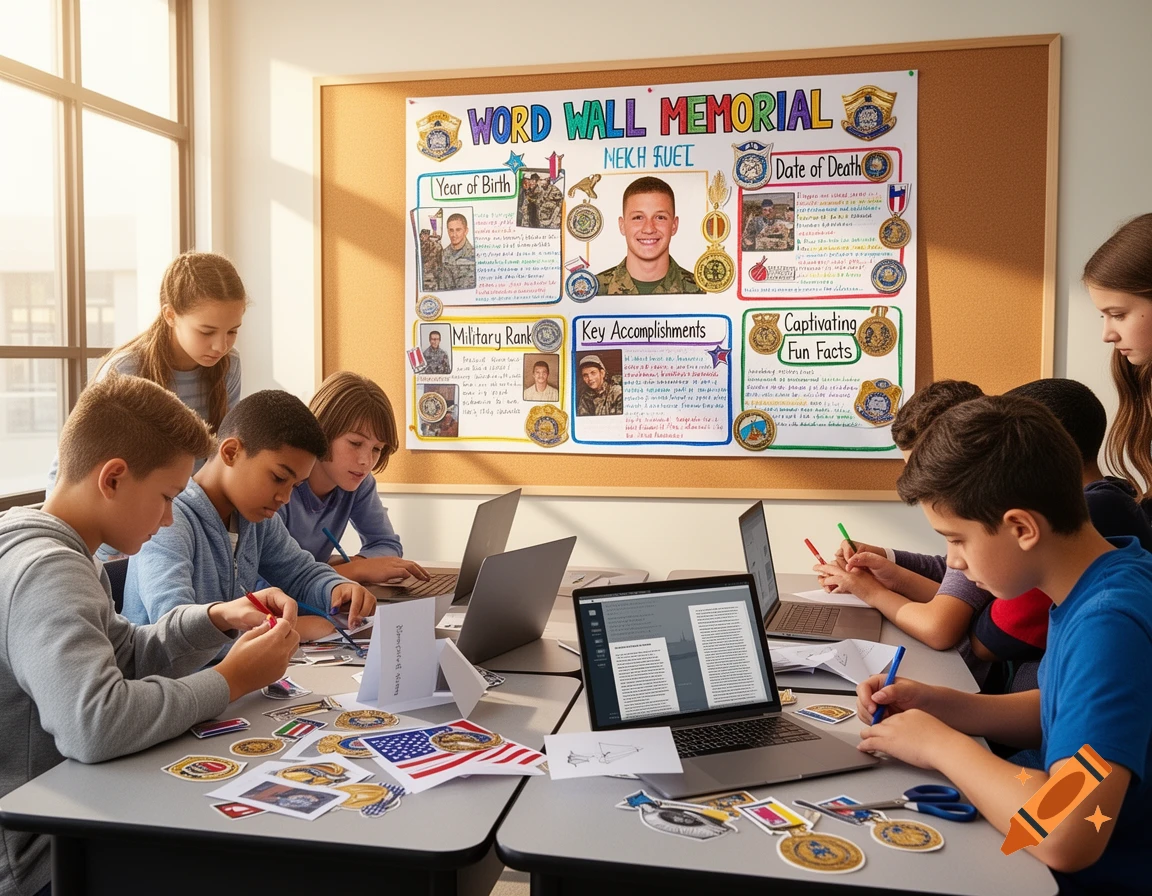 Students in a bright classroom work on a memorial project with laptops and craft supplies, focused on a 'Word Wall Memorial' poster on the corkboard.