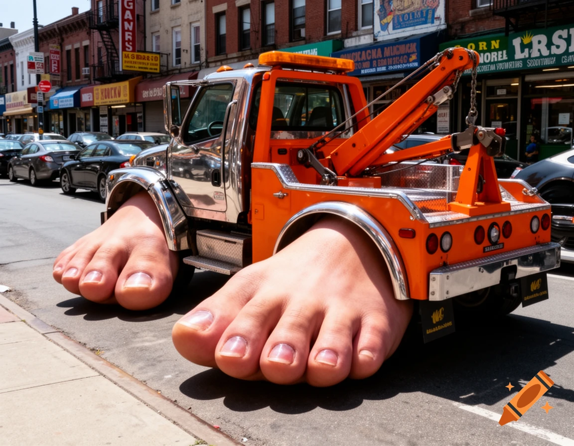 A surreal orange tow truck with large human feet instead of wheels, driving down a city street.